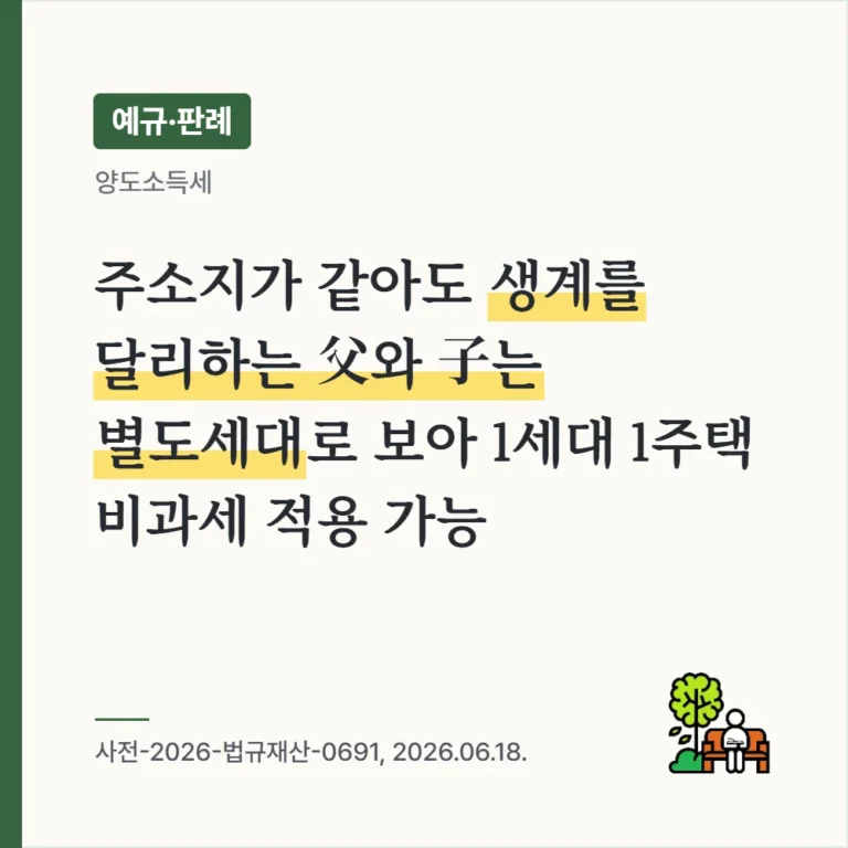 생계를 달리하는 父와 子는 주소가 같아도 별도세대 — 父 주택 1세대 1주택 비과세 가능(사전-2026-법규재산-0691, 2026.06.18.)